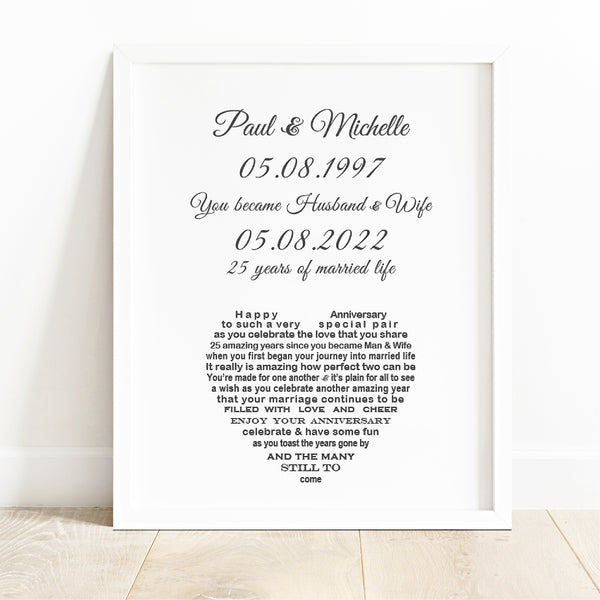 Personalised Silver Wedding Anniversary Gift for Couple Celebratating 25 Years of marriage