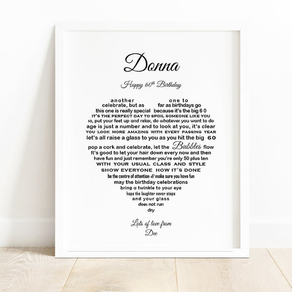 60th Birthday Gift for Friend or colleague - 10x8 Heart shaped print