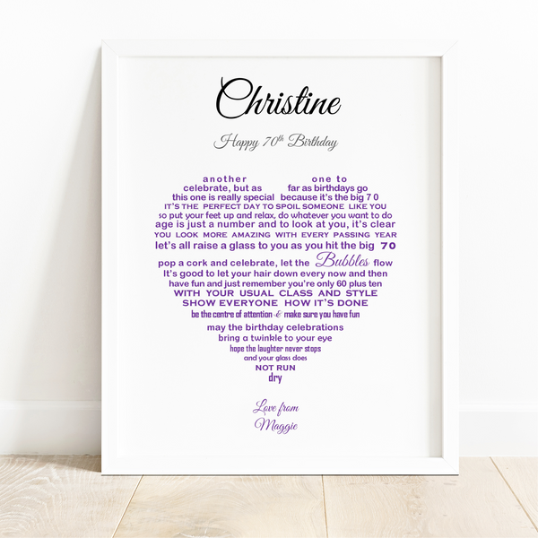 60th Birthday Gift for Friend or colleague - 10x8 Heart shaped print