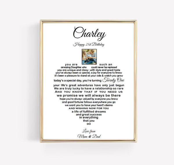 Daughter 21st Gift -  10x8 Personalised print from Mum Dad
