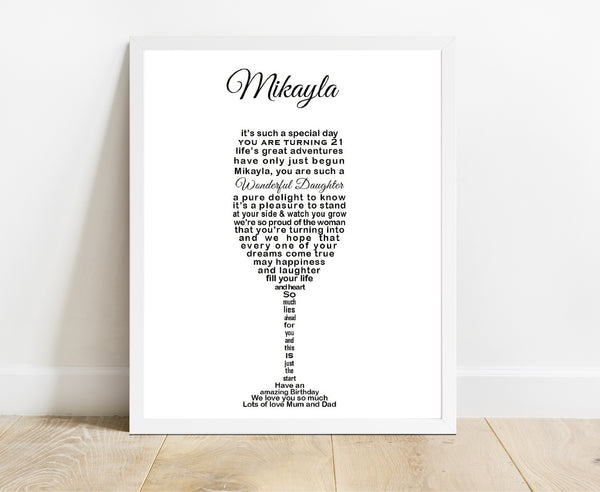 Daughter 21st Gift -  10x8 Personalised print from Mum Dad