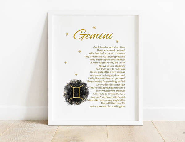 Zodiac Star Sign Gift - Gemini Horoscope Print - May June Birthday