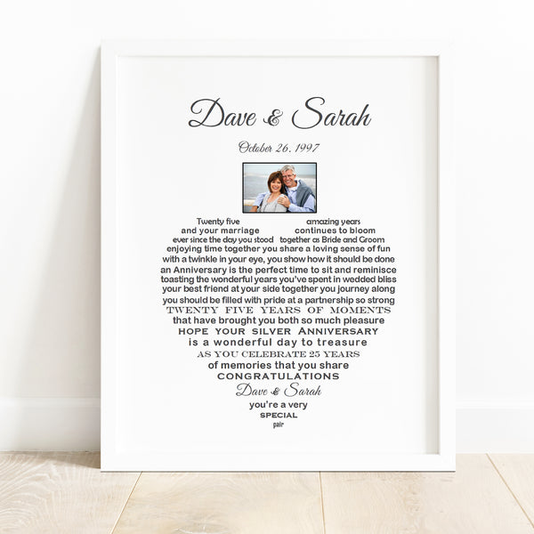 Personalised Silver Wedding Anniversary Gift for Couple Celebratating 25 Years of marriage