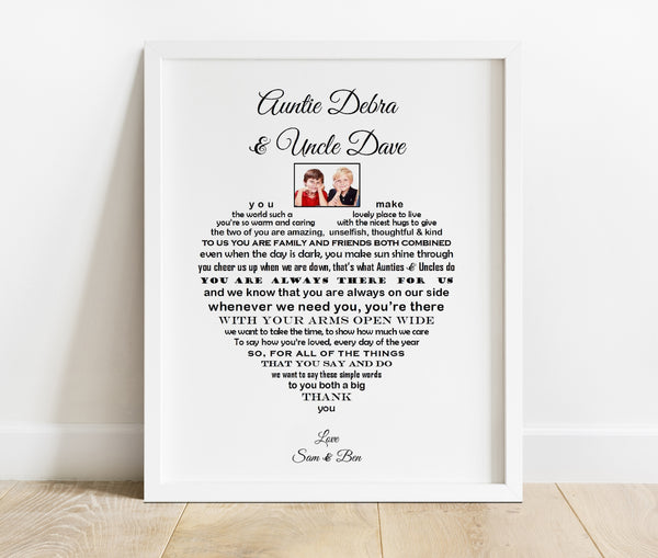 Auntie and Uncle Gift -  Aunt and Uncle personalised poem print