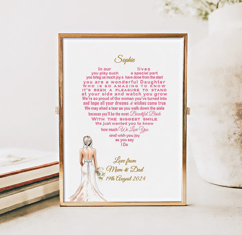 Daughter Wedding Gift - 7x5 Poem Print from Dad, Mother of the Bride or both parents