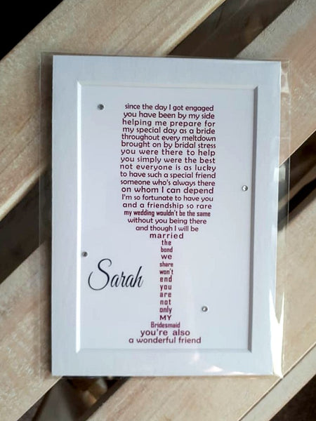 Bridesmaid Gift, Maid of Honour -  7x5 Personalised Wedding Poem Print