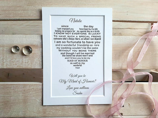 Will you be my Bridesmaid-  7x5 Personalised Wedding Poem Print