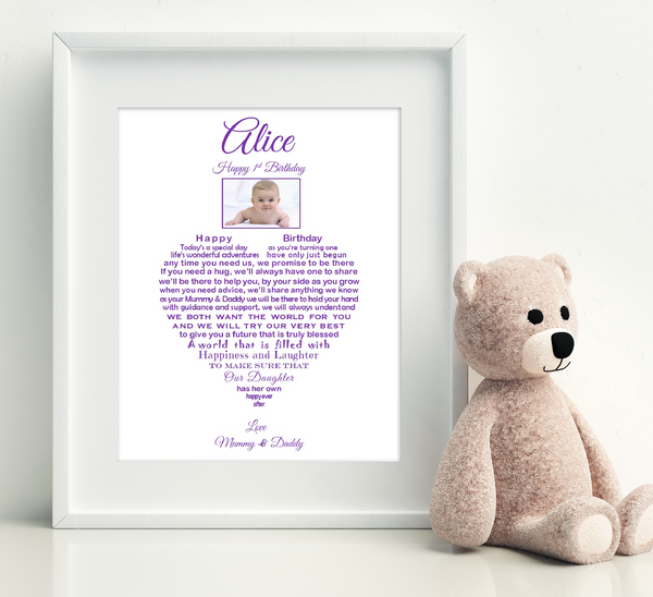 1st Birthday Gift - UNFRAMED Daughter First Birthday - Granddaughter Keepsake