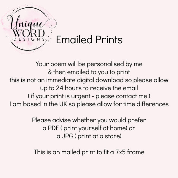 Bridesmaid Gift, Maid of Honour -  7x5 Personalised Wedding Poem Print