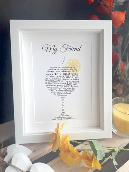 Friend Gift - Gin Poem Print shaped into a Glass