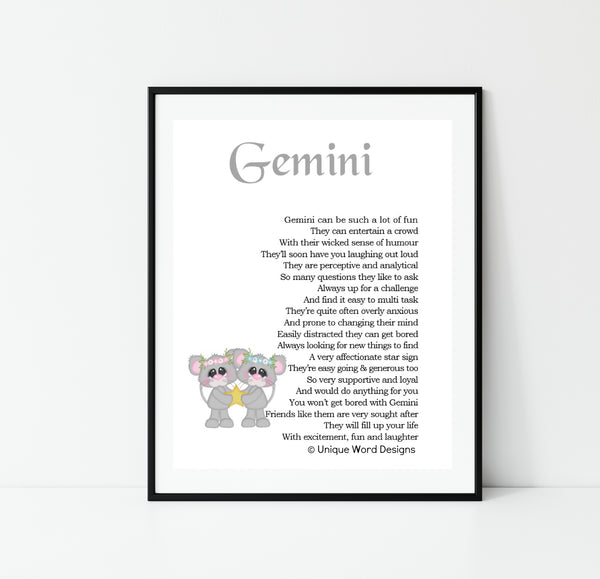 Zodiac Star Sign Gift - Gemini Horoscope Print - May June Birthday
