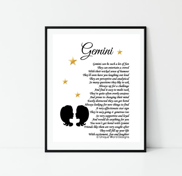 Zodiac Star Sign Gift - Gemini Horoscope Print - May June Birthday