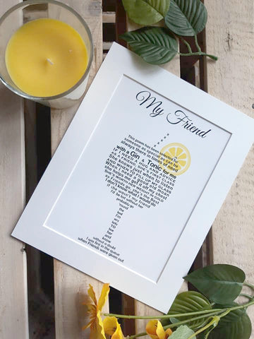 Friend Gift - Gin Poem Print shaped into a Glass