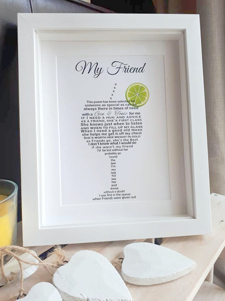Friend Gift - Gin Poem Print shaped into a Glass