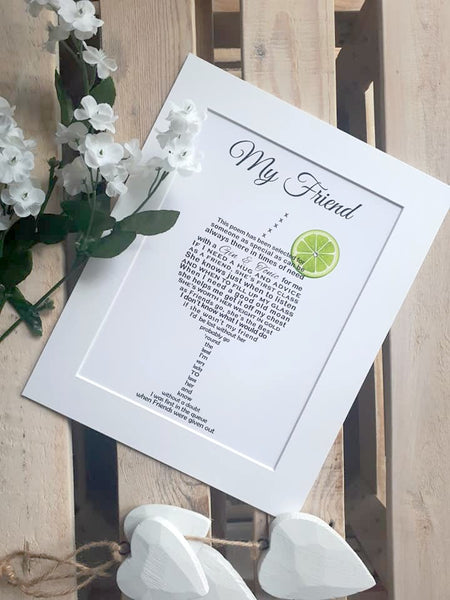 Friend Gift - Gin Poem Print shaped into a Glass