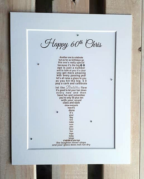 60th Birthday Gift -  (10x8) Prosecco or Champagne Glass Poem