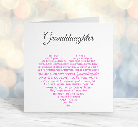 GrandDaughter Card - Pink Sentimental Card for Birthday or Christmas