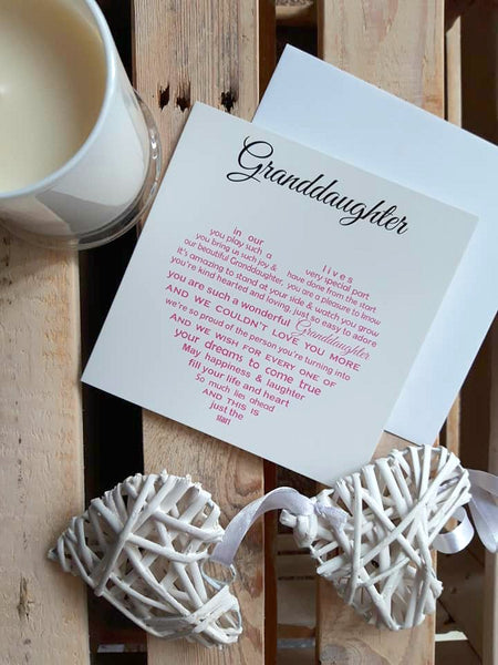 GrandDaughter Card - Pink Sentimental Card for Birthday or Christmas