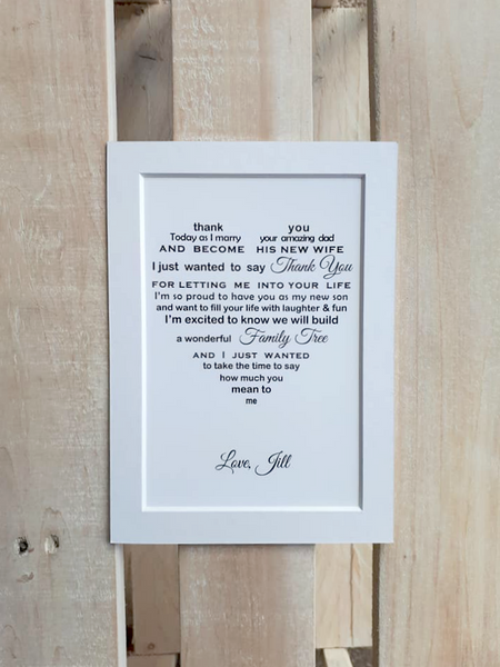 Wedding Day gift for Stepson -  7x5 Personalised Wedding Poem Print