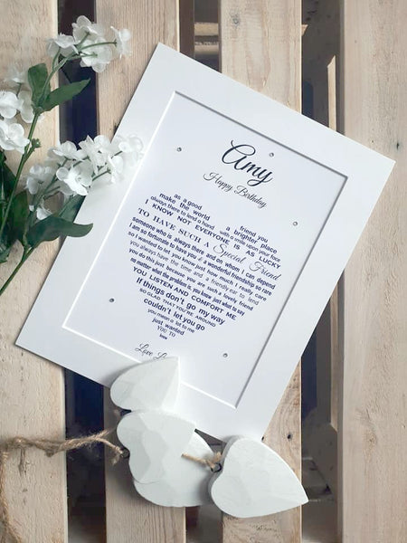 Friend Gift - Personalised Sentimental Poem Print shaped into a heart