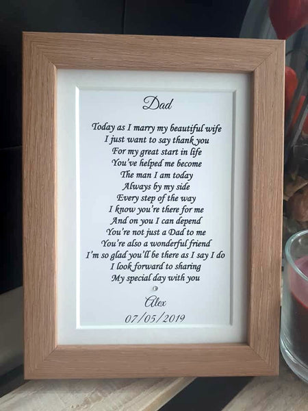 Wedding Day Gifts for Dad - Father of the Groom -  7x5 Personalised Wedding Poem Print