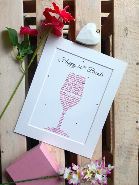 60th Birthday Gift -  (10x8) Prosecco or Champagne Glass Poem