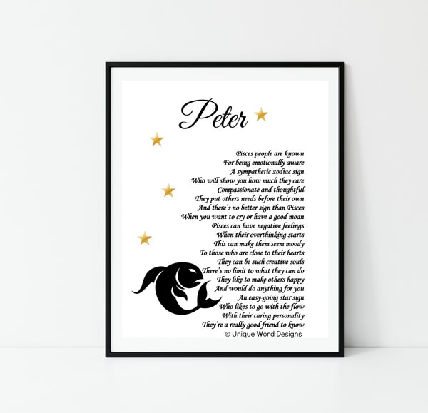 Zodiac Star Sign Gift - Pisces Horoscope Print - February March Birthday