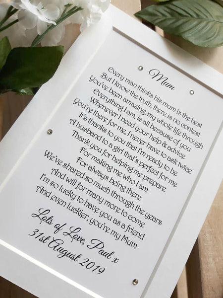 Wedding Day Gifts for Mum - Mother of the Groom -  7x5 Personalised Wedding Poem Print